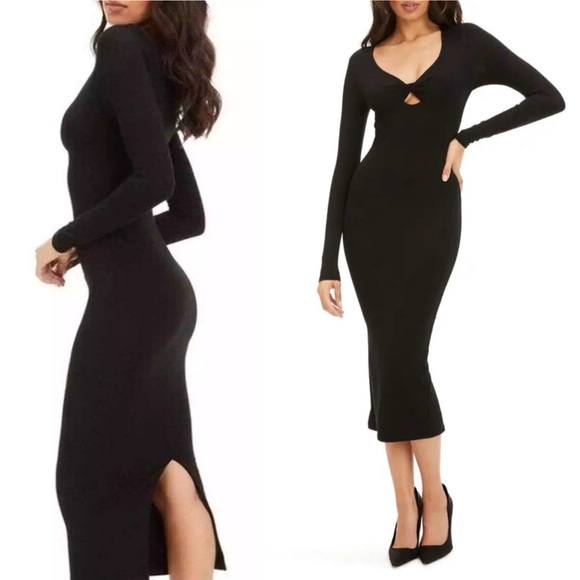 Good American Twist Peek A Boo Stretchy Long Sleeve Midi Dress - Picture 1 of 12